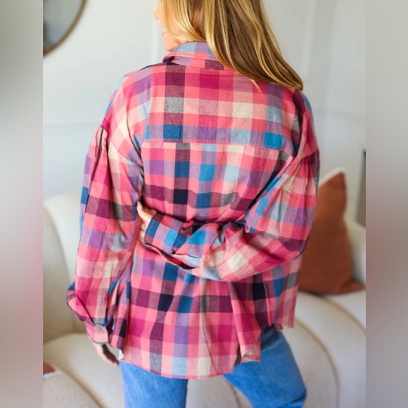 Oversized Button Down Mauve Washed Lightweight Plaid Top, Puff Shoulder, Small - Picture 5 of 11